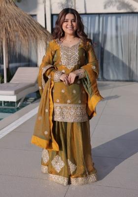 Mustard Sequin Work Silk Kurta Set
