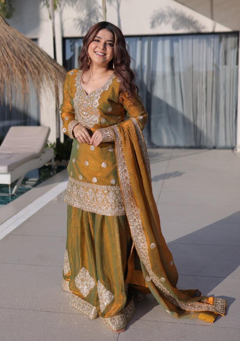 Mustard Sequin Work Silk Kurta Set - Indya