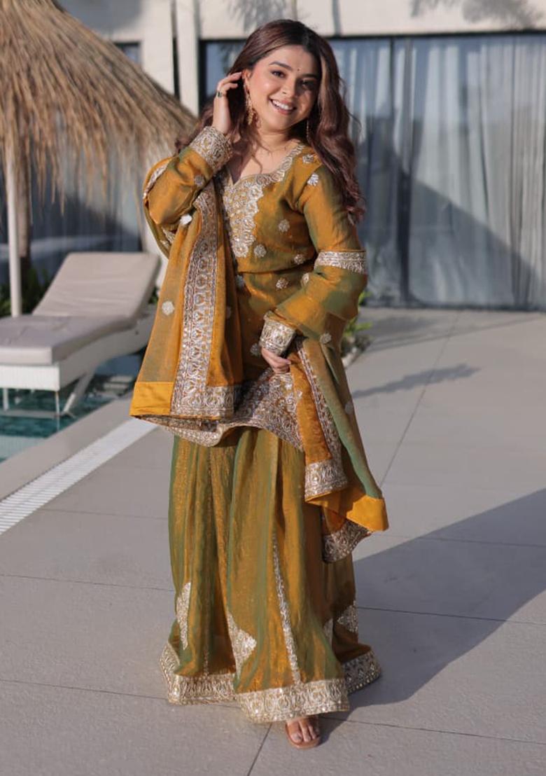 Mustard Sequin Work Silk Kurta Set - Indya