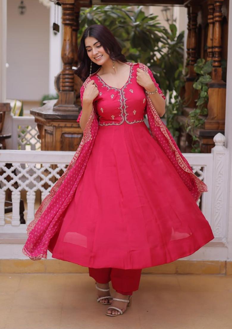 Pink Beads Work Silk Kurta Set - Indya