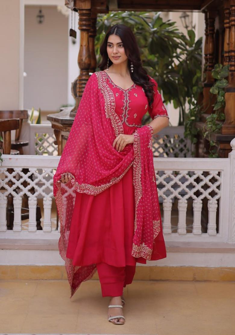 Pink Beads Work Silk Kurta Set - Indya