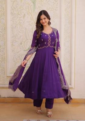 Purple Beads Work Silk Kurta Set