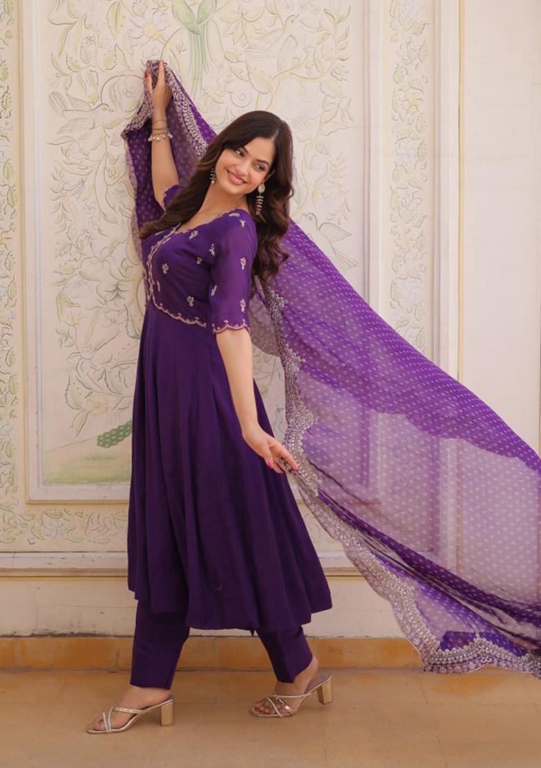 Purple Beads Work Silk Kurta Set - Indya