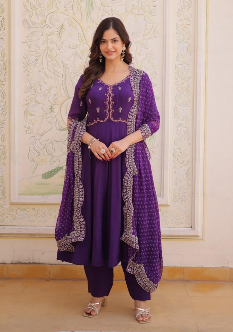 Purple Beads Work Silk Kurta Set - Indya