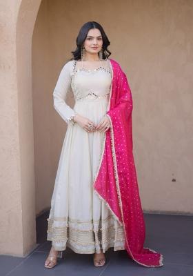 Pink Mirror Work Silk Gown With Dupatta