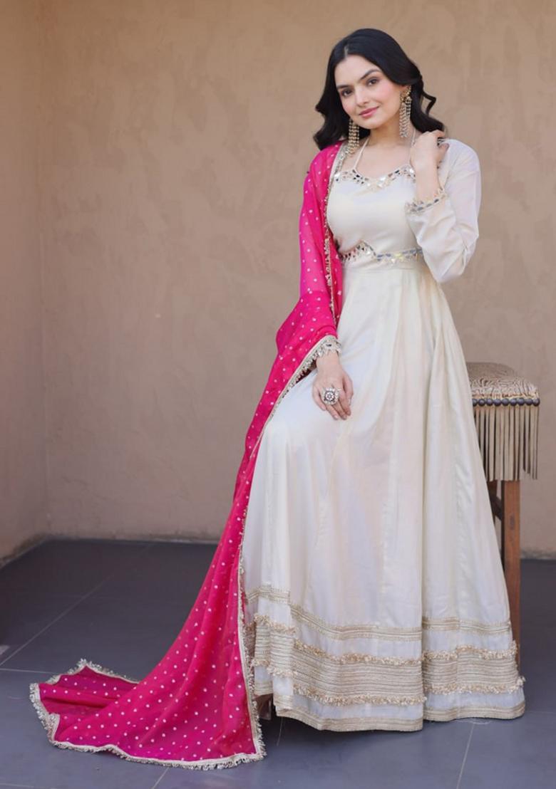 Pink Mirror Work Silk Gown With Dupatta - Indya