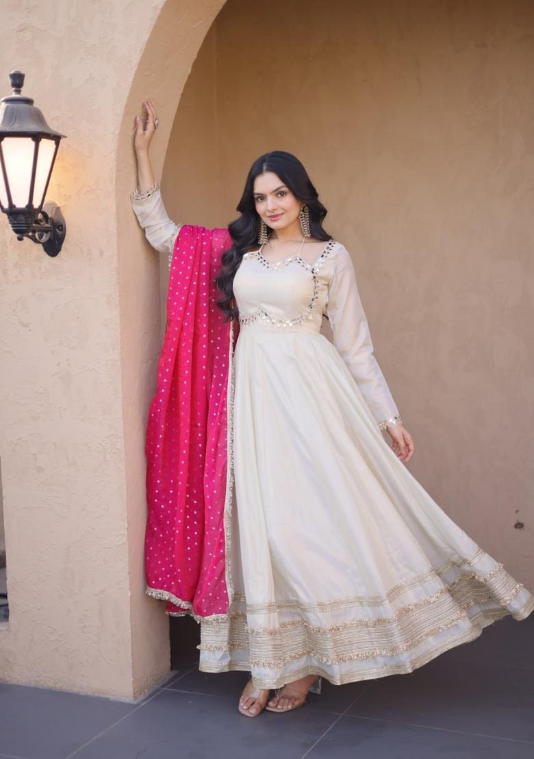 Pink Mirror Work Silk Gown With Dupatta - Indya