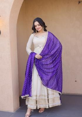 Purple Mirror Work Silk Gown With Dupatta