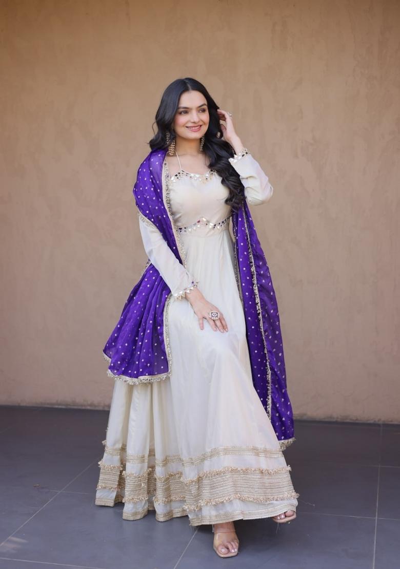 Purple Mirror Work Silk Gown With Dupatta - Indya