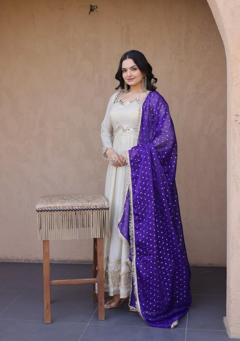 Purple Mirror Work Silk Gown With Dupatta - Indya