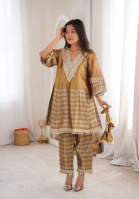 Golden Mirror Work Tissue Kurta Set