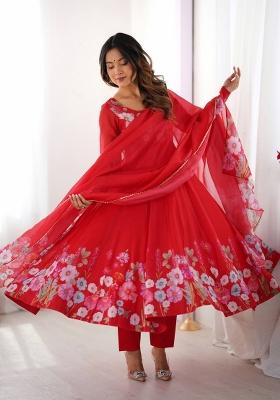 Red Zari Work Organza Kurta Set
