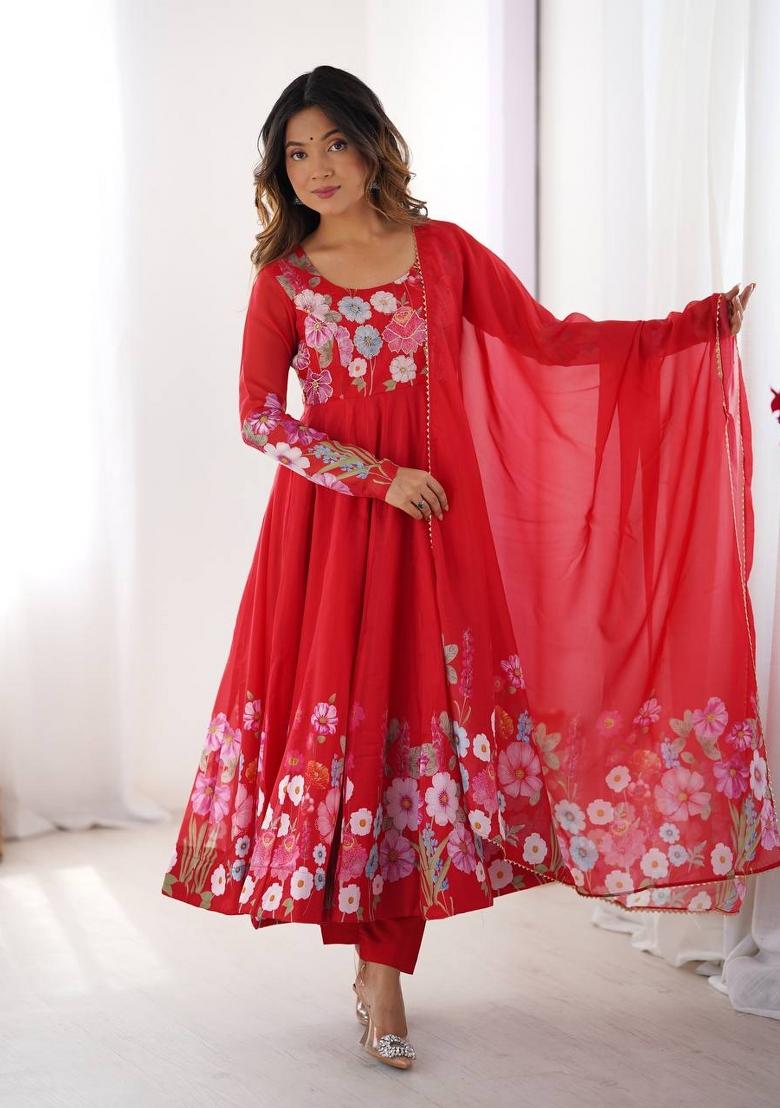 Red Zari Work Organza Kurta Set - Indya