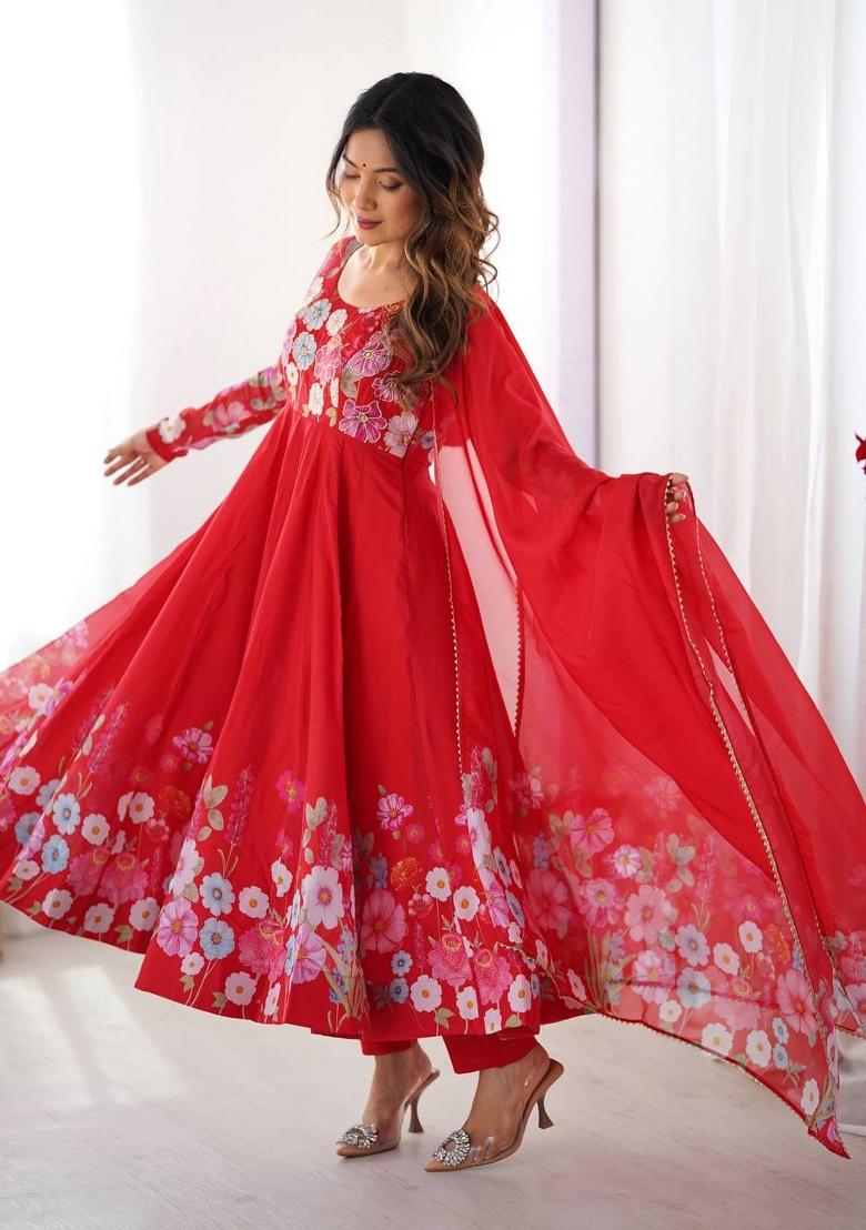 Red Zari Work Organza Kurta Set - Indya