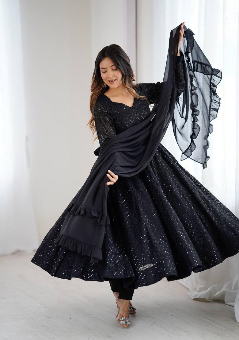 Black Sequin Work Georgette Kurta Set - Indya