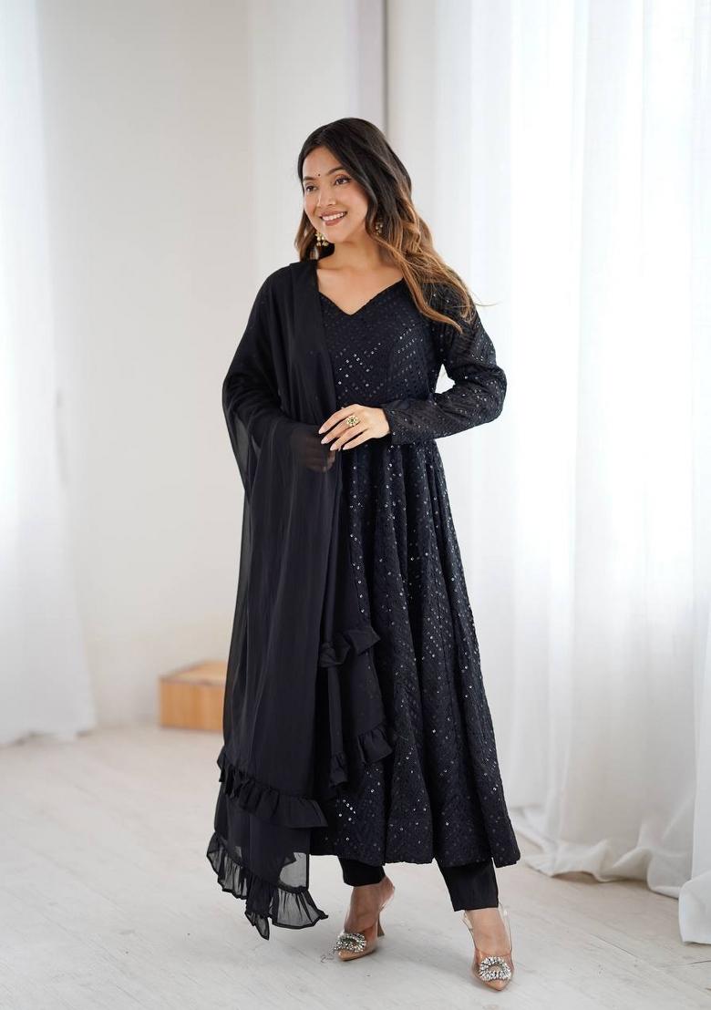 Black Sequin Work Georgette Kurta Set - Indya
