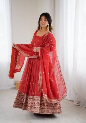 Orange Sequin Work Silk Anarkali With Dupatta