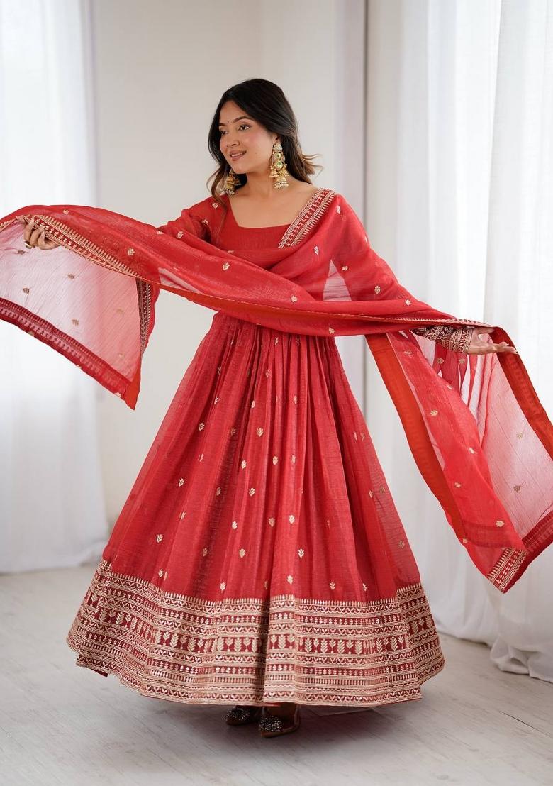 Orange Sequin Work Silk Anarkali With Dupatta - Indya