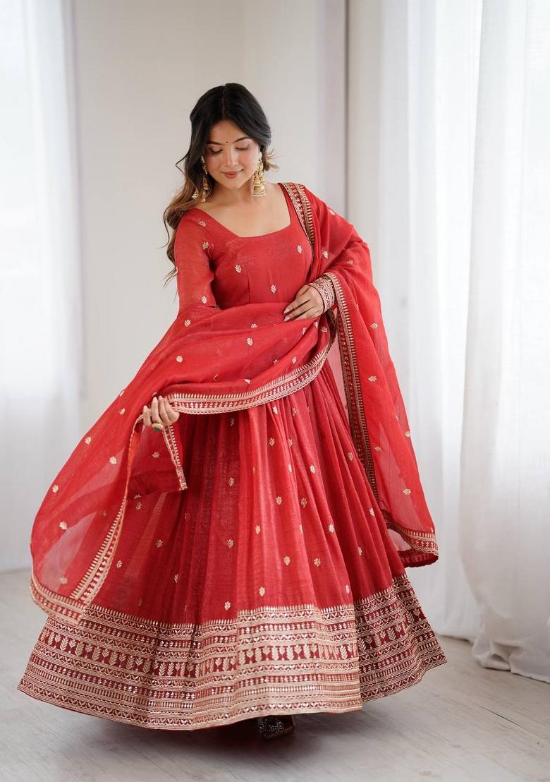 Orange Sequin Work Silk Anarkali With Dupatta - Indya