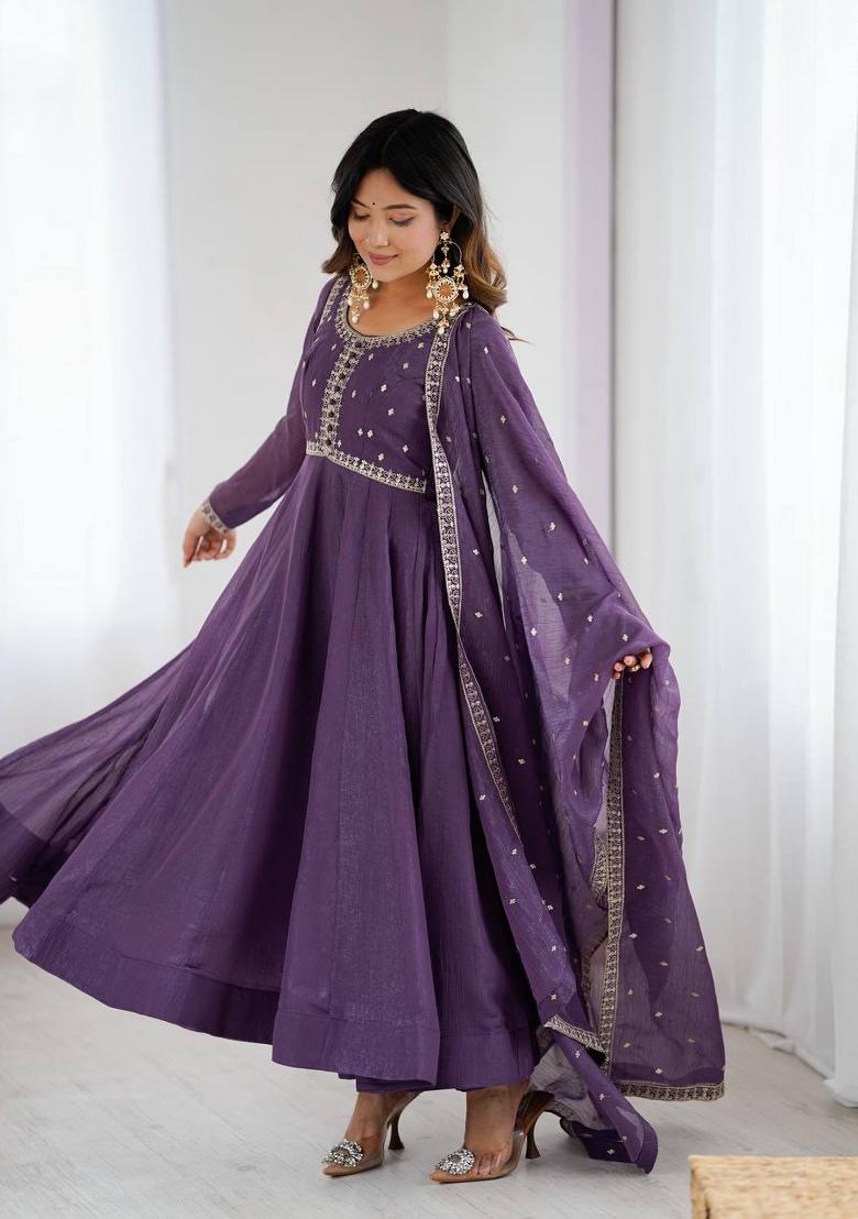 Purple Sequin Work Georgette Kurta Set - Indya