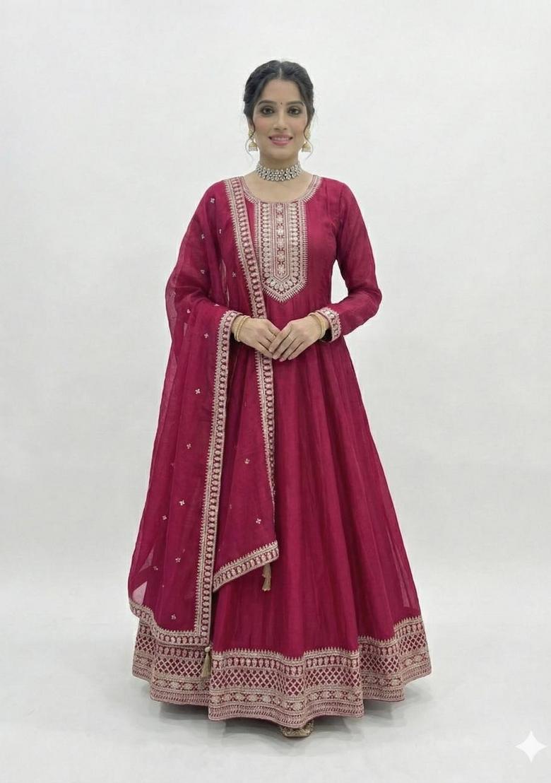Rani Pink Sequin Work Silk Anarkali With Dupatta - Indya