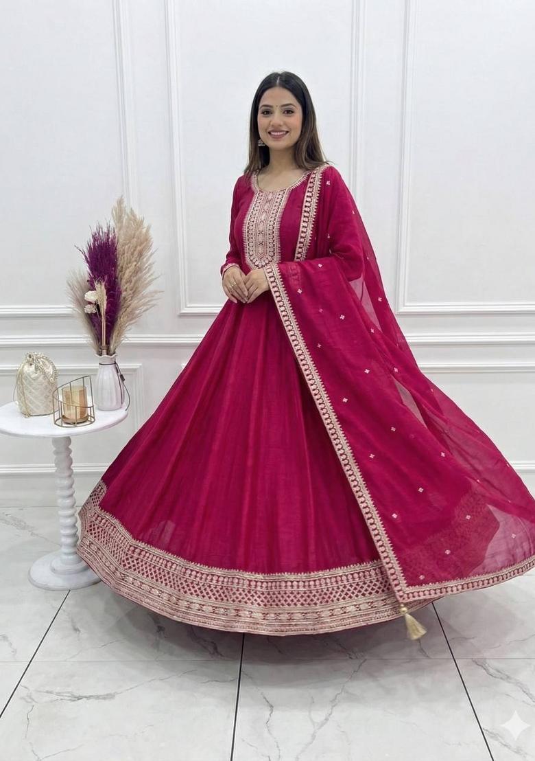 Rani Pink Sequin Work Silk Anarkali With Dupatta - Indya