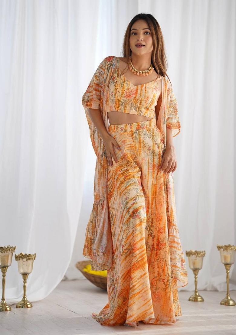 Yellow Floral Print Georgette Palazzo Set - Indya