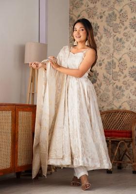 White Floral Print Jacquard Kurta Set