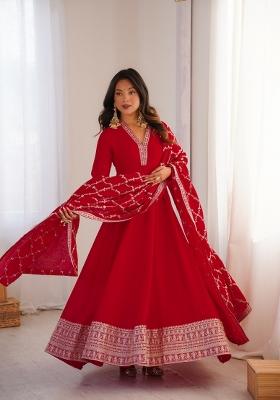Red Sequin Work Silk Anarkali With Dupatta