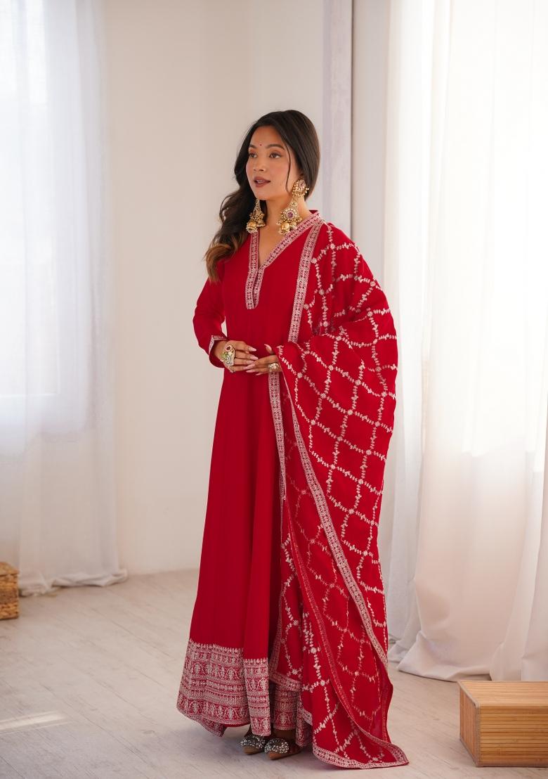 Red Sequin Work Silk Anarkali With Dupatta - Indya