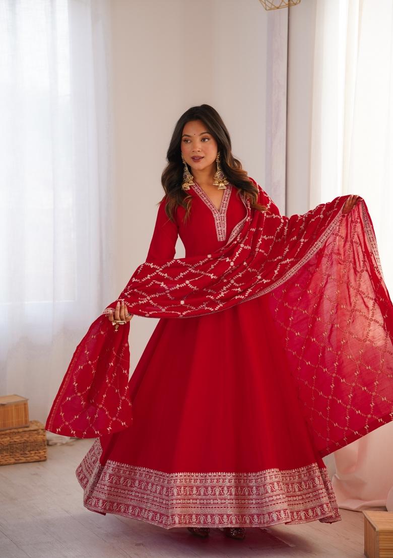 Red Sequin Work Silk Anarkali With Dupatta - Indya