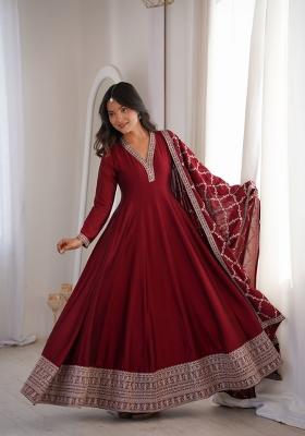 Dark Maroon Sequin Work Silk Anarkali With Dupatta