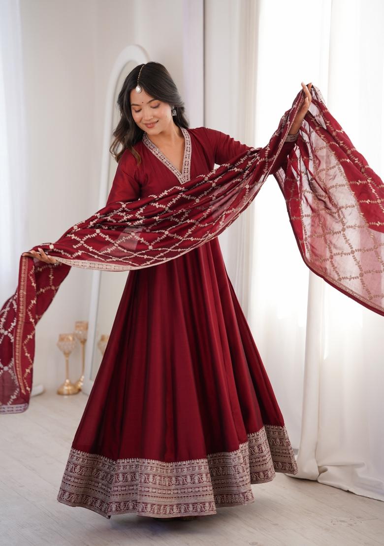 Dark Maroon Sequin Work Silk Anarkali With Dupatta - Indya