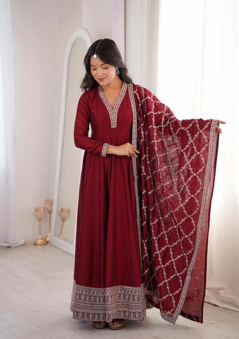 Dark Maroon Sequin Work Silk Anarkali With Dupatta - Indya