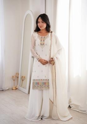 White Sequin Work Silk Kurta Set