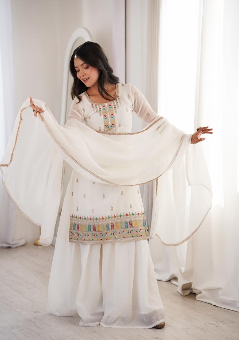 White Sequin Work Silk Kurta Set - Indya
