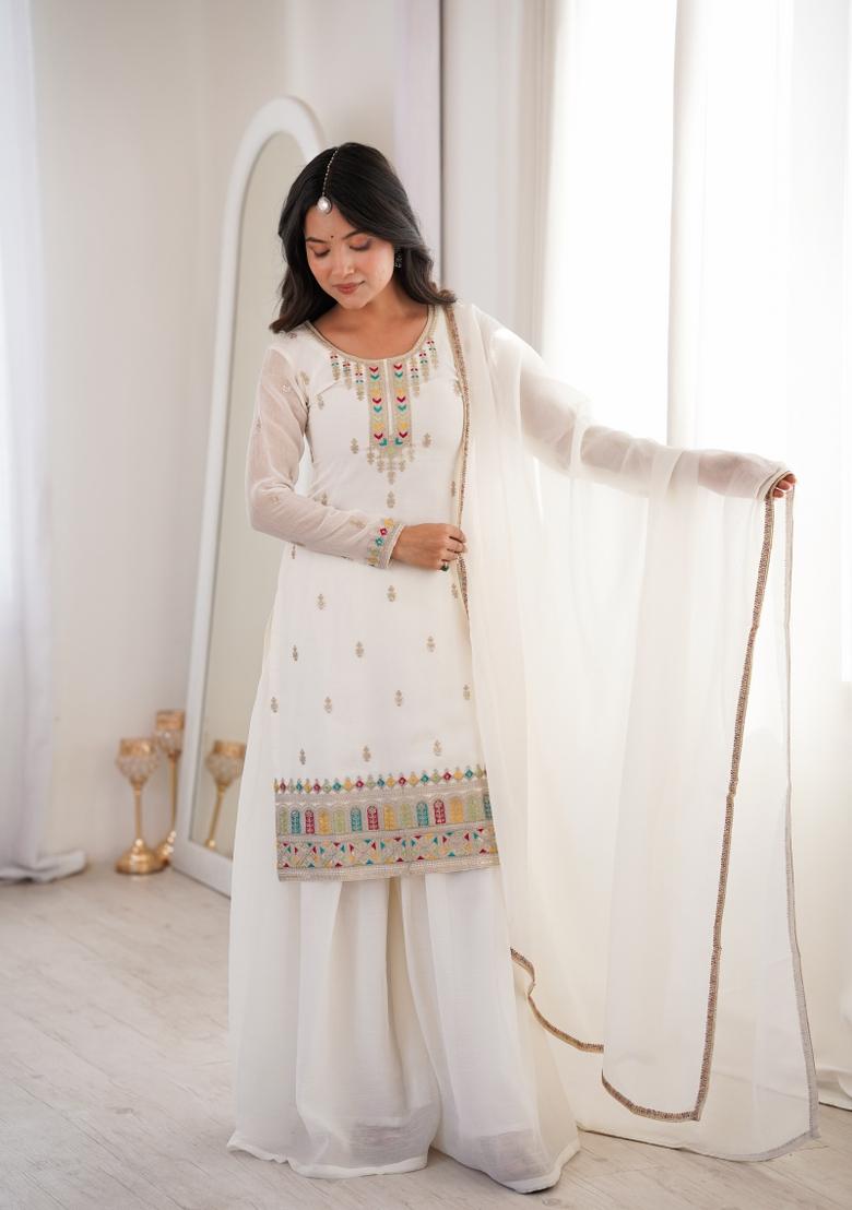 White Sequin Work Silk Kurta Set - Indya