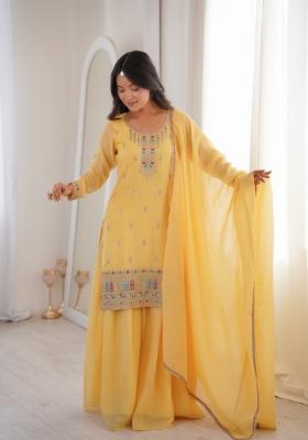 Yellow Sequin Work Silk Kurta Set