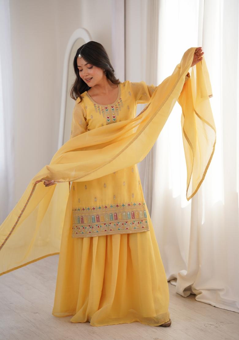 Yellow Sequin Work Silk Kurta Set - Indya