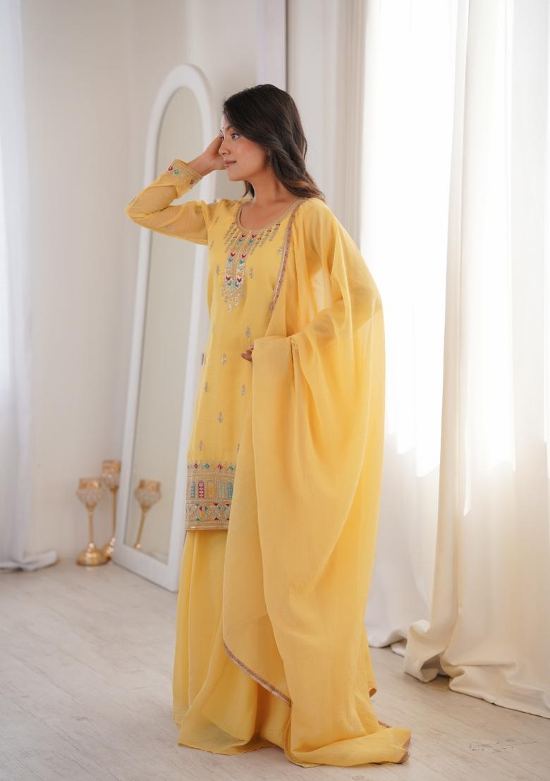 Yellow Sequin Work Silk Kurta Set - Indya