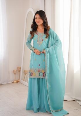 Sky Blue Sequin Work Silk Kurta Set