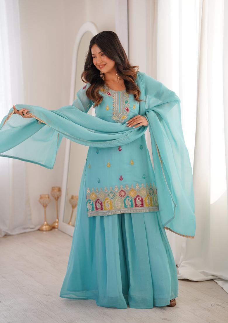Sky Blue Sequin Work Silk Kurta Set - Indya