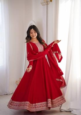 Red Sequin Work Silk Anarkali With Dupatta