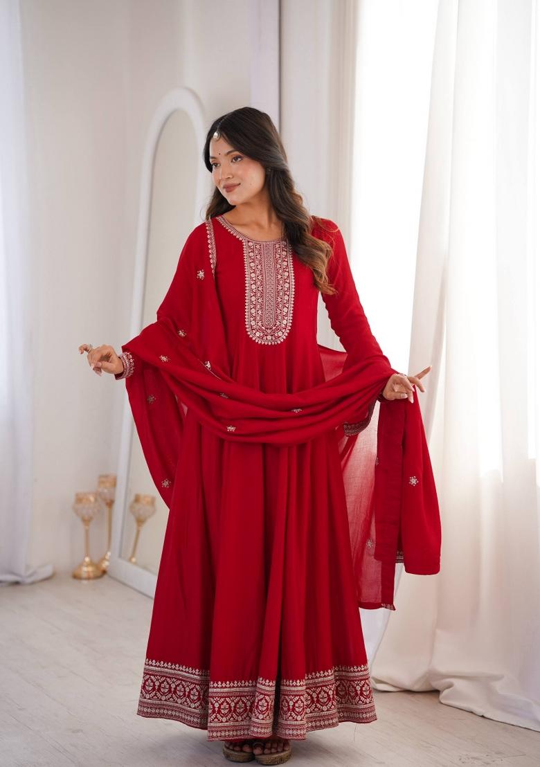Red Sequin Work Silk Anarkali With Dupatta - Indya