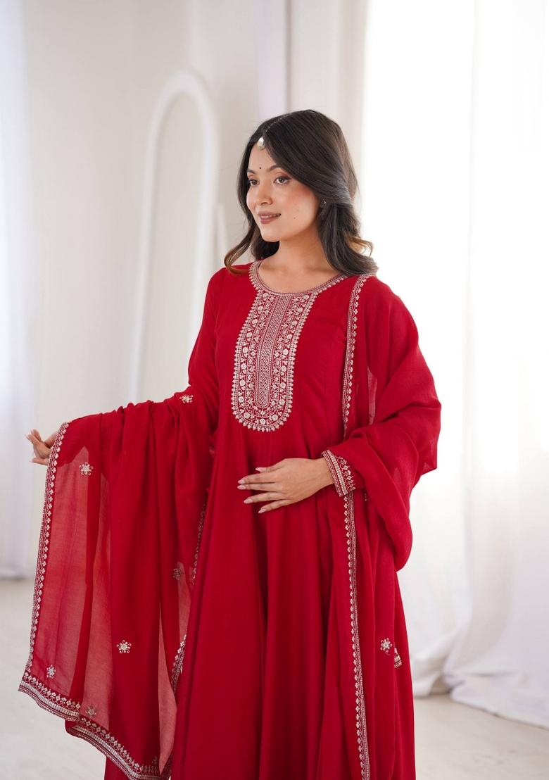 Red Sequin Work Silk Anarkali With Dupatta - Indya