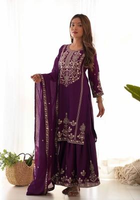 Wine Sequin Work Silk Kurta Set