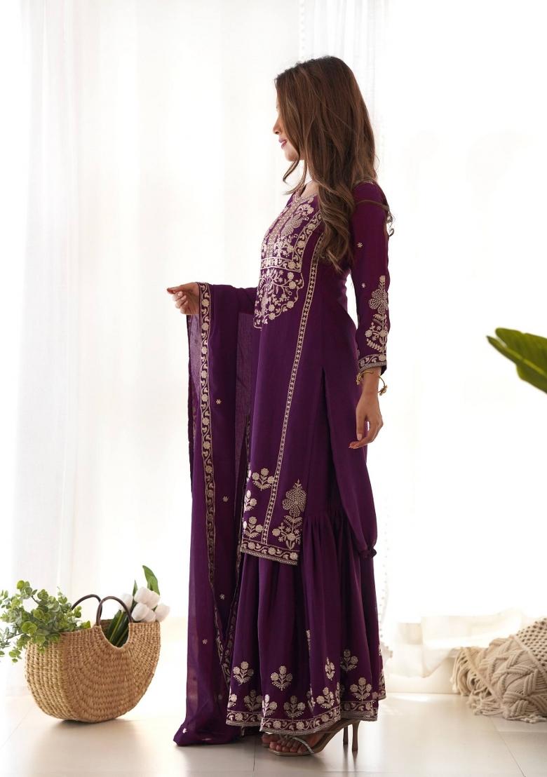 Wine Sequin Work Silk Kurta Set - Indya