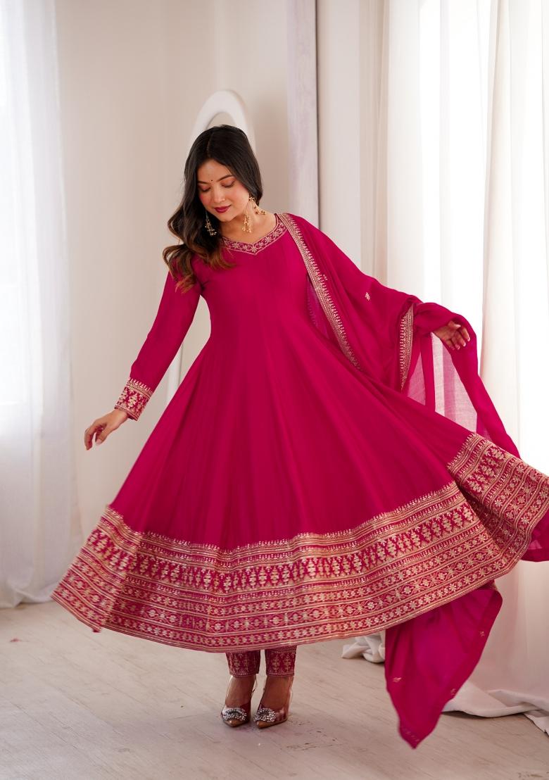 Pink Sequin Work Silk Kurta Set - Indya