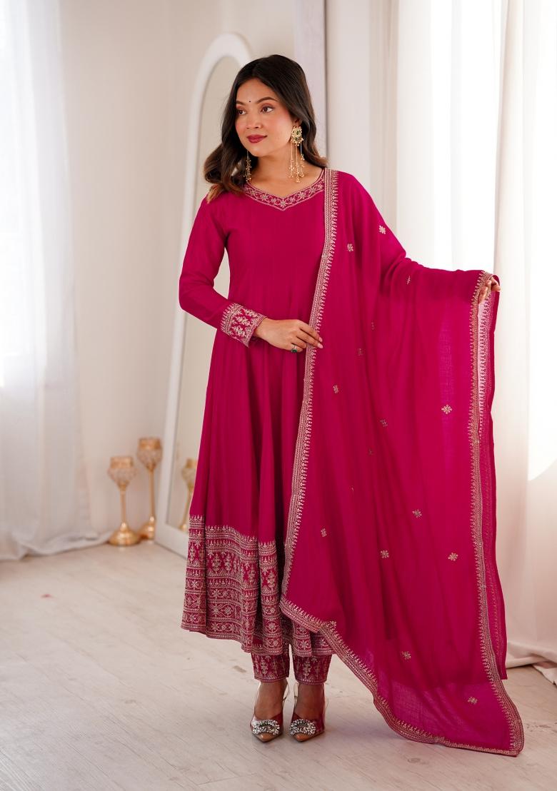 Pink Sequin Work Silk Kurta Set - Indya