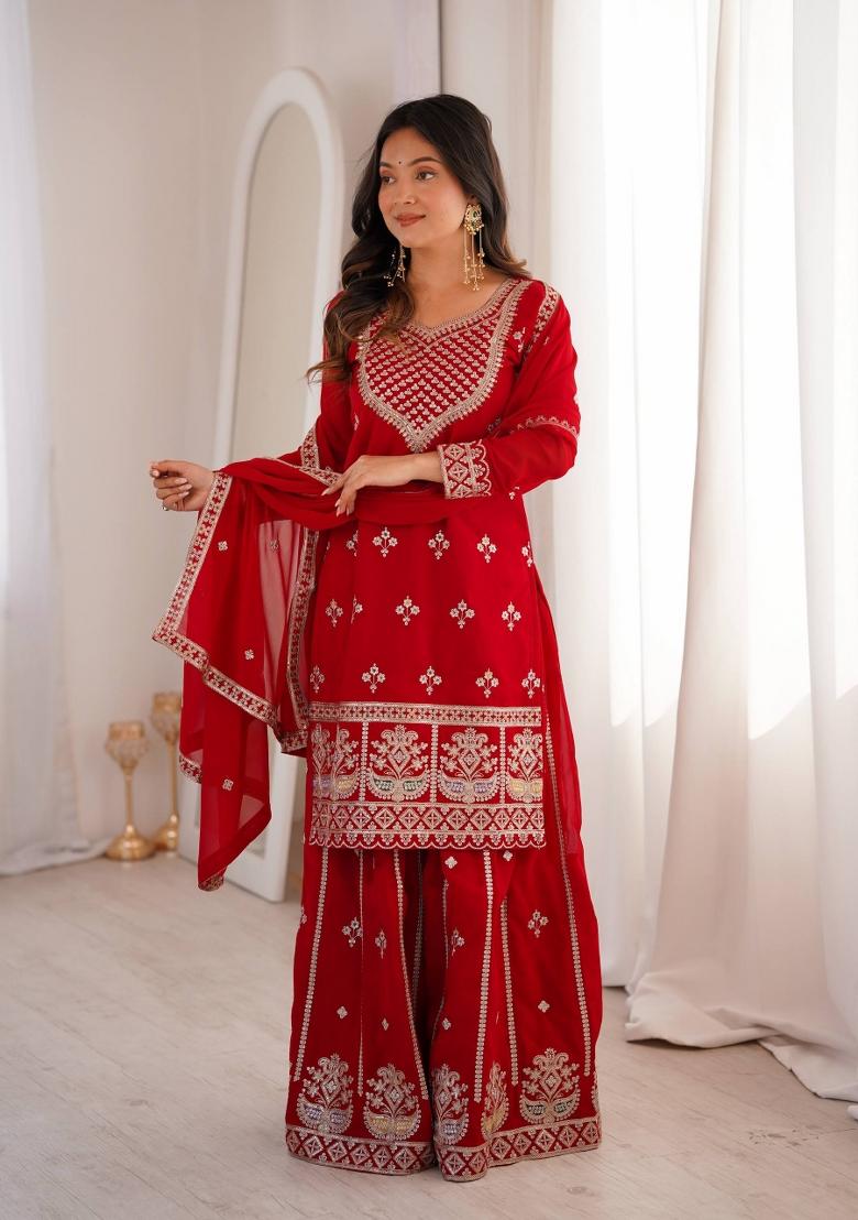 Red Sequin Work Georgette Kurta Set - Indya